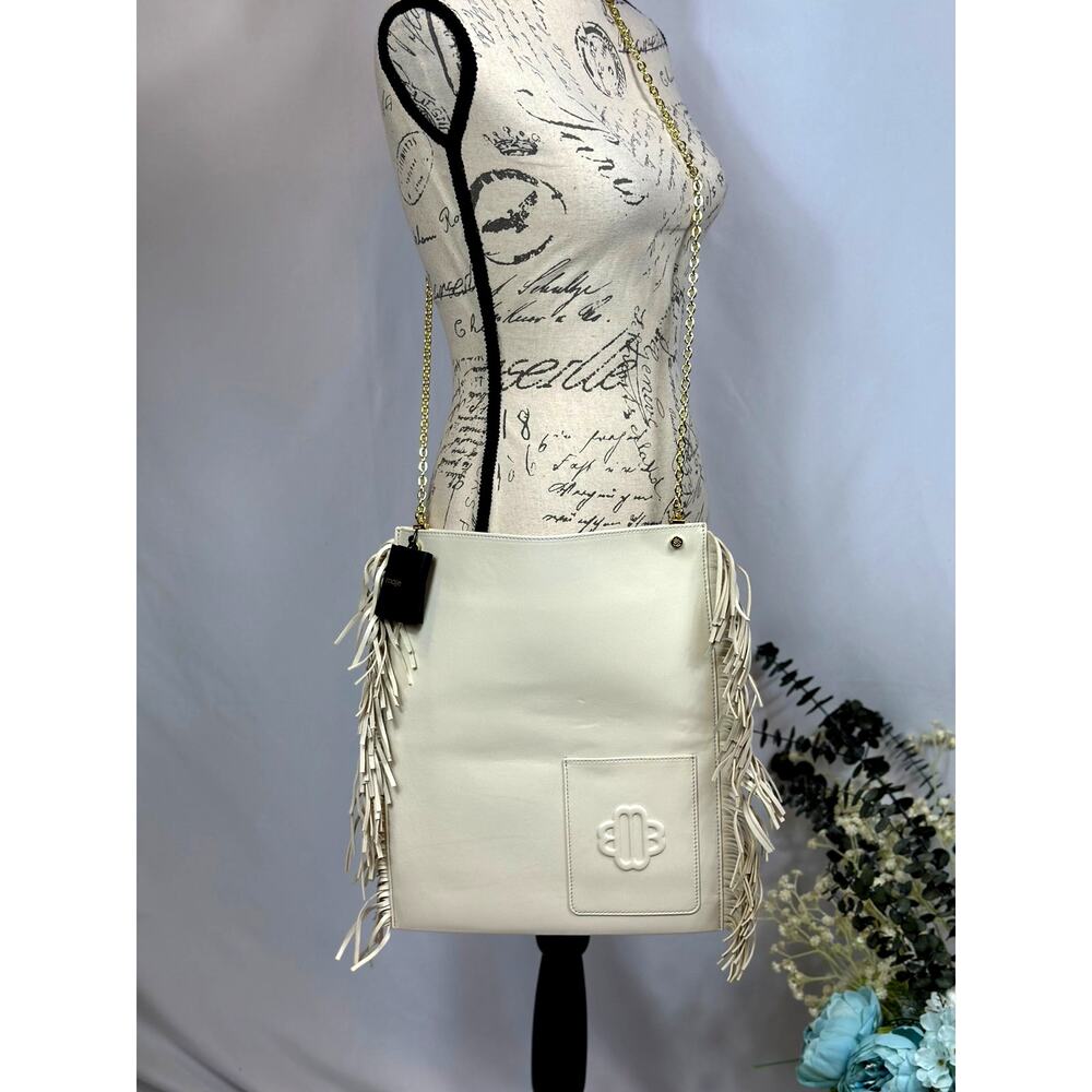 Maje Clover Fringed Sheepskin Leather Bag Vanilla Ecru 14.5" x 12" - Picture 4 of 13
